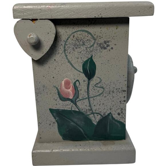Vintage Painted Wood Jewelry Box Heart Drawers Roses Hummingbirds - Picture 8 of 10